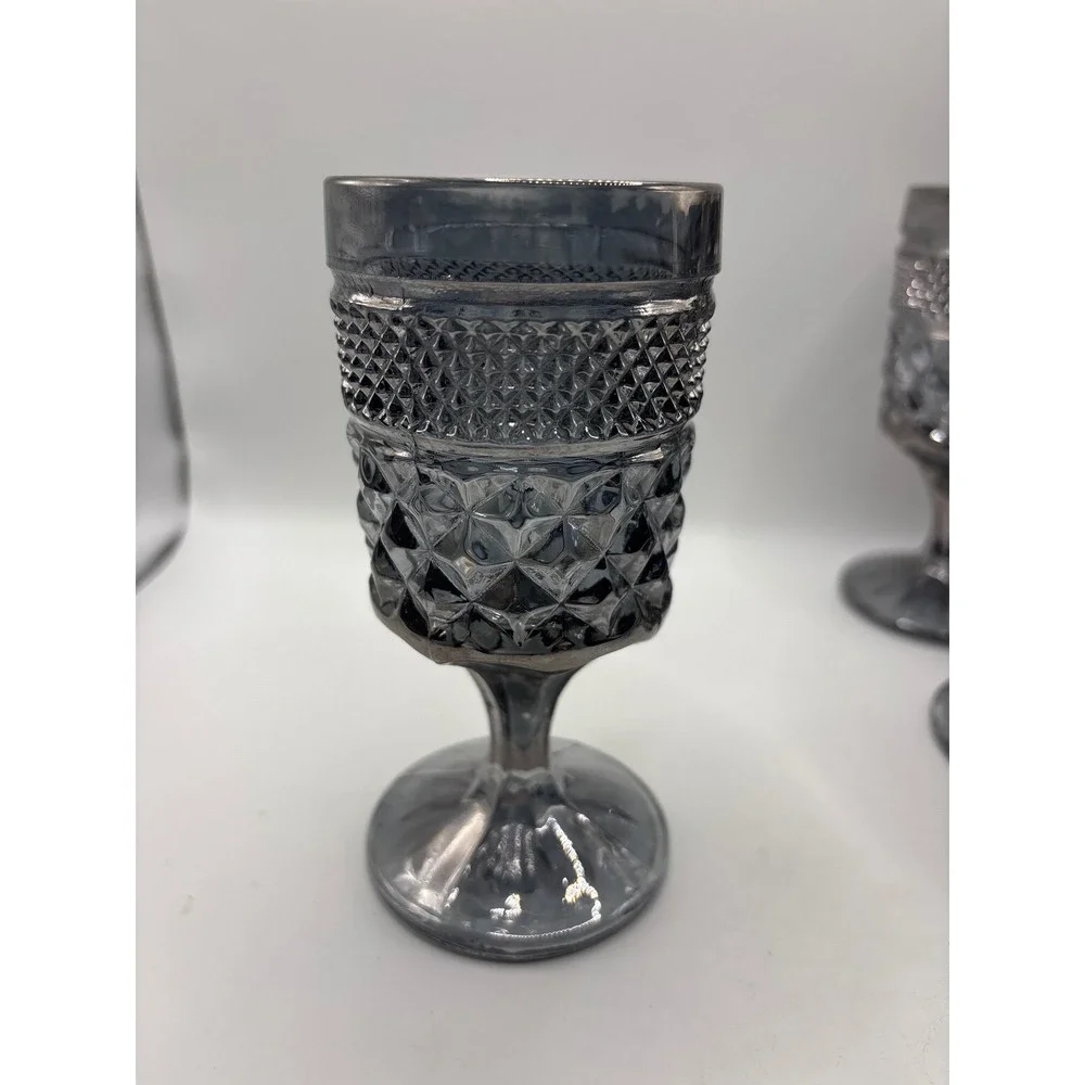 VTG Six Smoke Gray Moody/Gothic Glass Goblets Diamond Point Wine/ Water Glasses